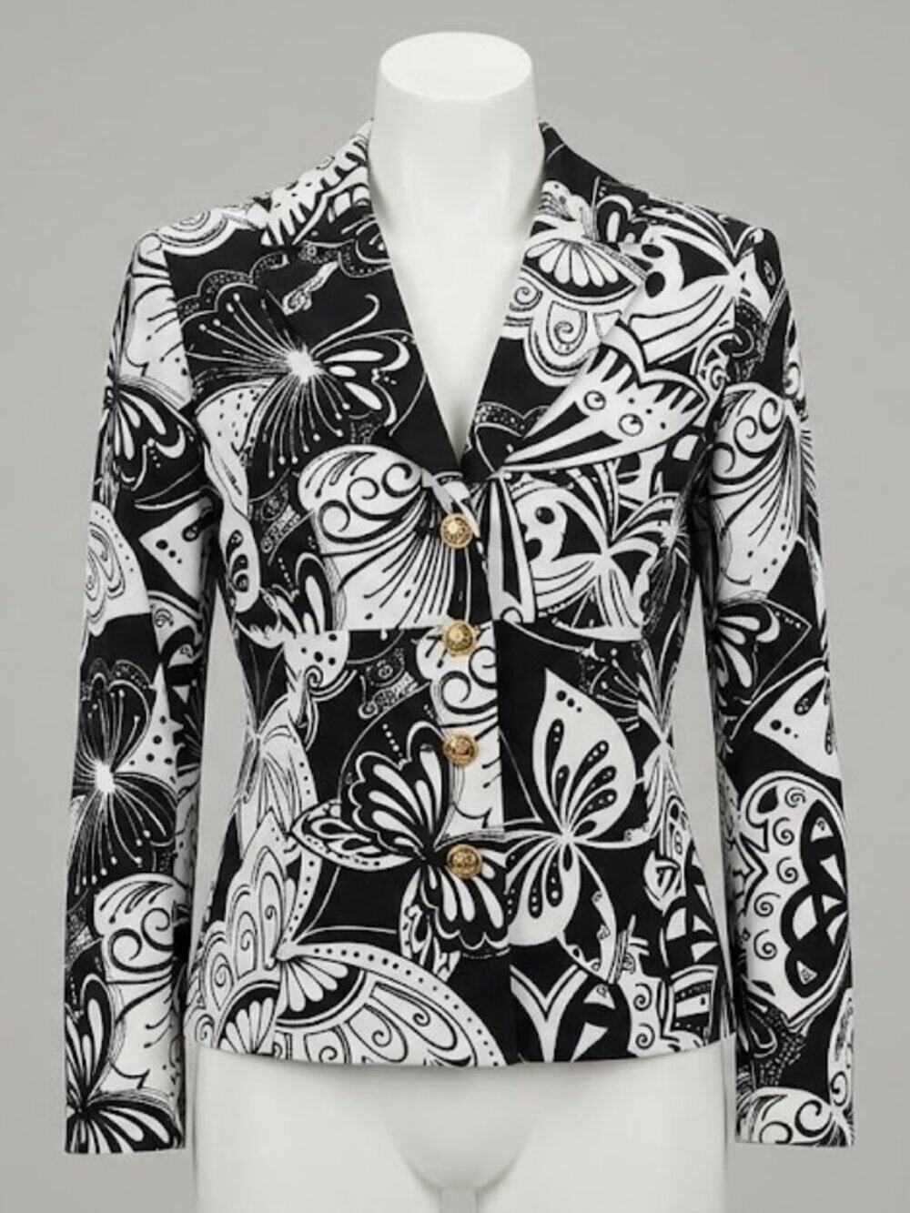 St. John Sport Marie Gray Black White Graphic Print Blazer Gold Buttons S